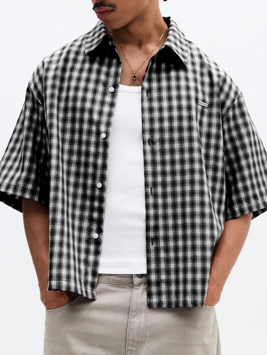 

Short Sleeve Button Down Plaid Shirt With Collar Casual Regular Fit Woven Top