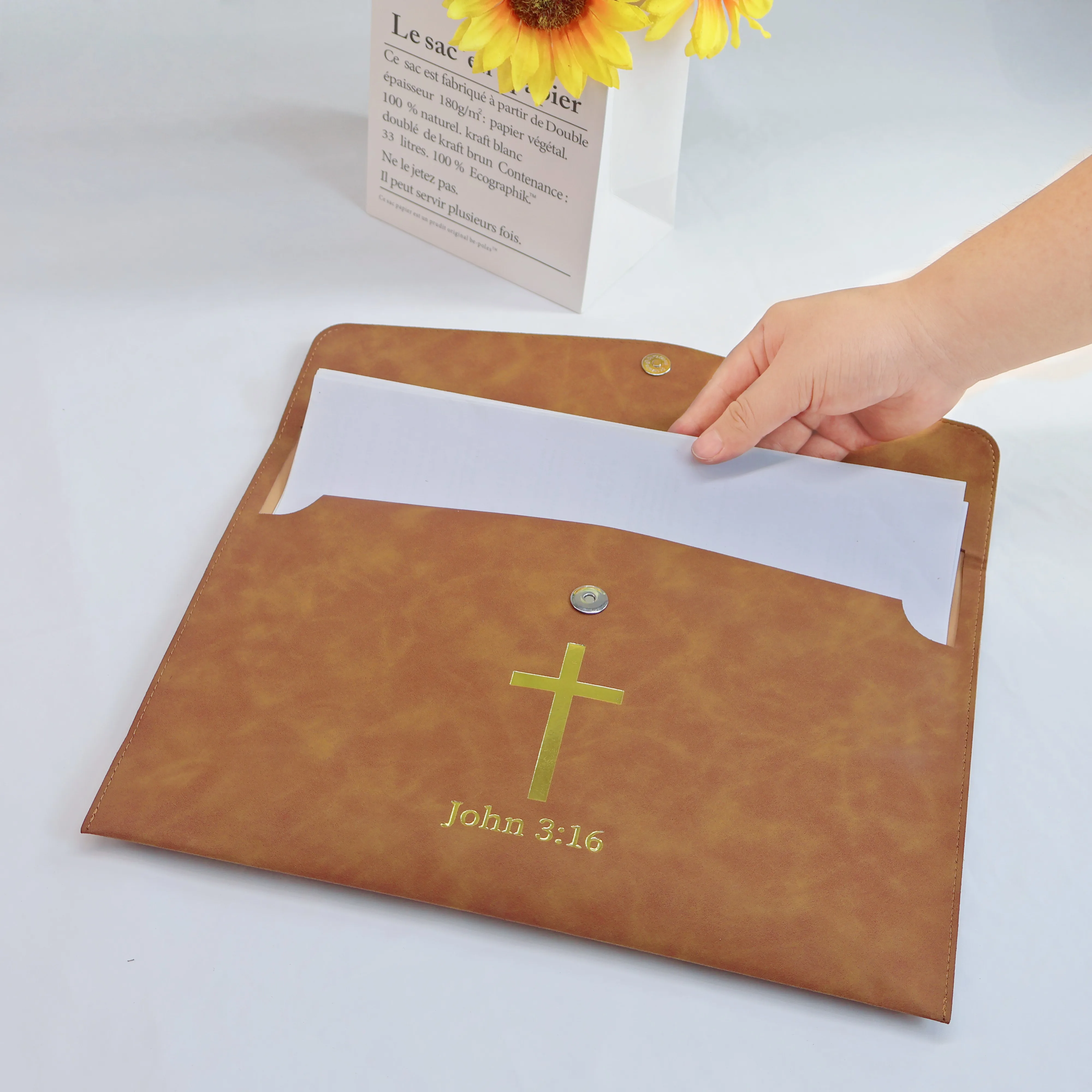 PU 가죽 성경 커버 (십자가, 요한복음 3:16), 기독교 성경 케이스 & 교회 문서 정리함, 휴대용 종교 선물 가방
