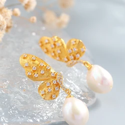 Creative Trendy 18K Gold Plated Butterfly Inlaid Natural Baroque Pearl 925 Sterling Silver Earring Female Fine Jewelry Gift