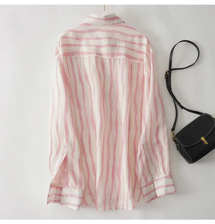 

Vintage Striped Women Blouses Ladies Shirt New Loose Summer Long Sleeves Tops Polo-neck Cotton Linen Women's Shirts