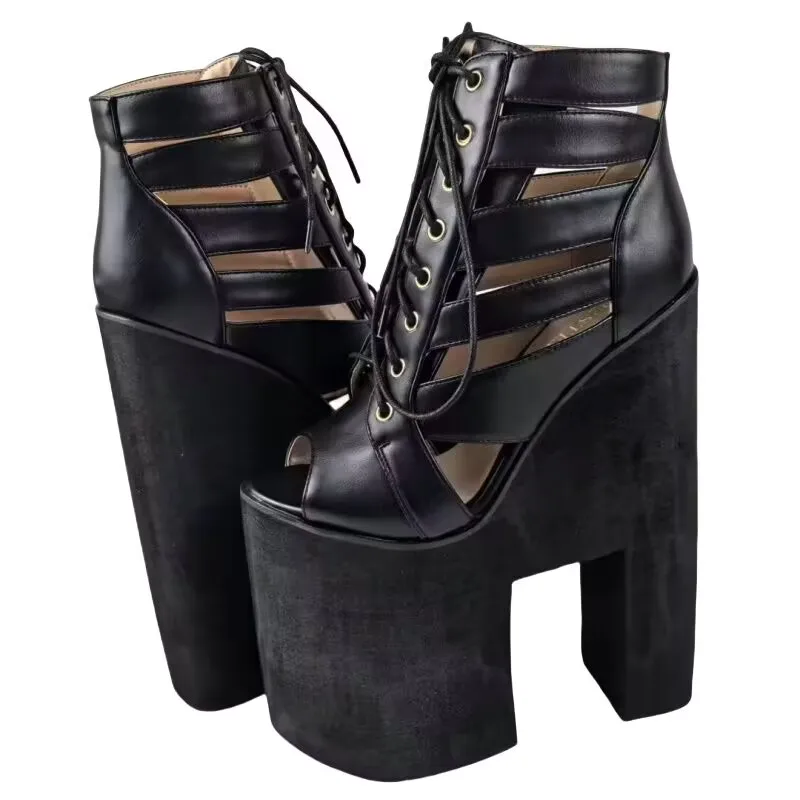 DIZHUANG Botas sexy de tacón alto para mujer. Sandalias de piel negra mate. Aproximadamente 22 cm de altura del tacón. Botines con cordones. tamaño: 34-46