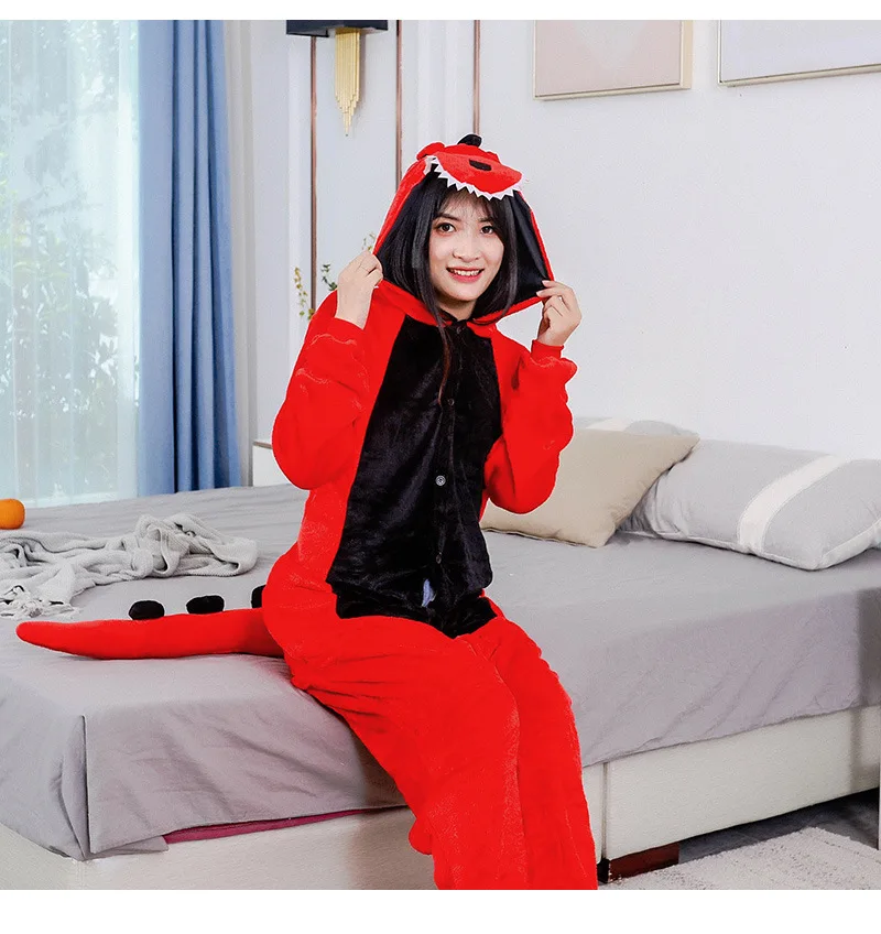 Kigurumi Animal Pajamas Unisex Adults Red Dinosaur Cartoon Onesies Pyjamas Halloween Christmas Family Party Homewear Costumes