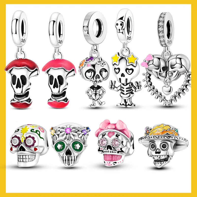 

925 Sterling Silver Charms Beads Halloween Skull Pendants Fit Bracelet Pendant Women Jewelry Making