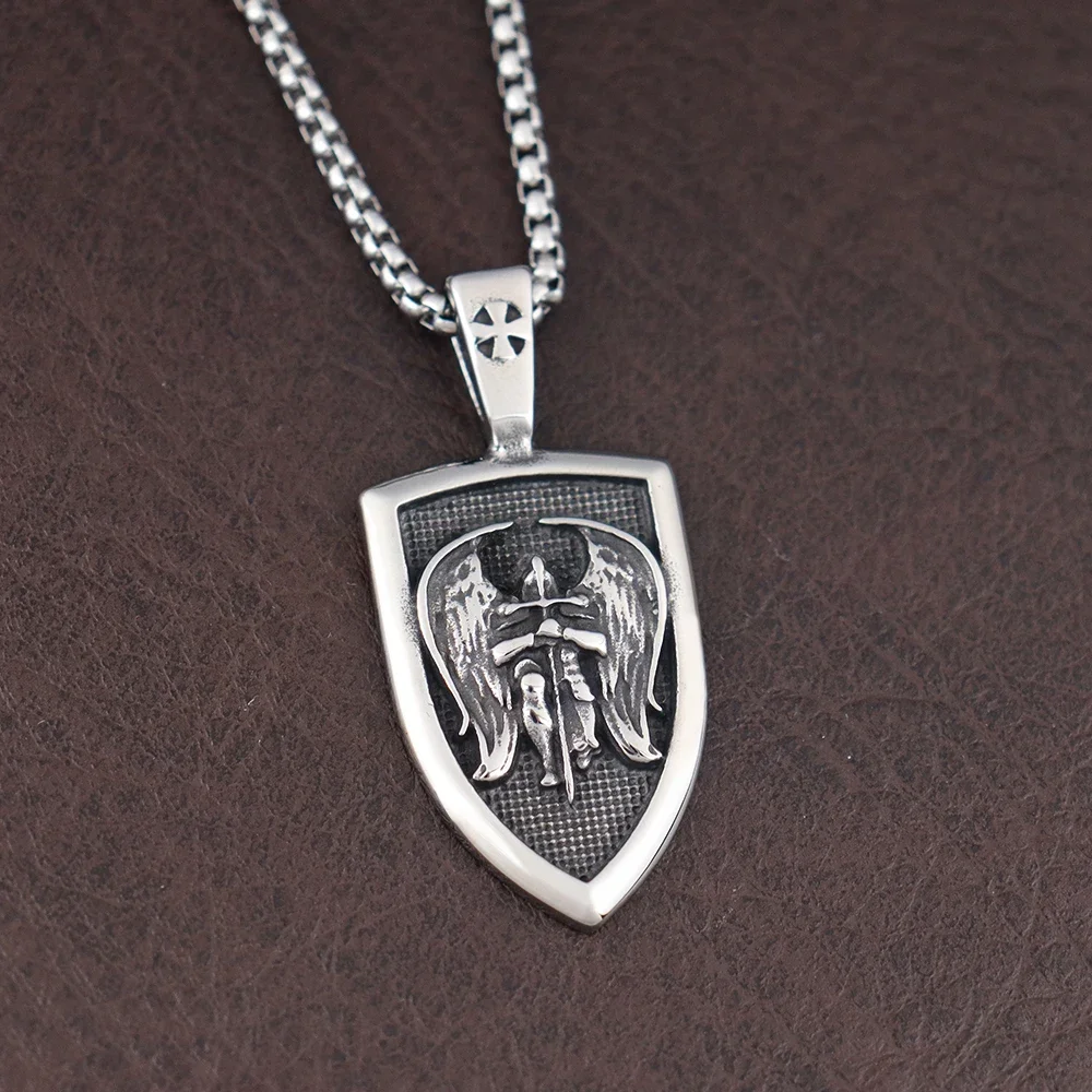 Stainless Steel Retro Ancient Greek God of War Pendant Chain Angel Saint Michael Necklace Men's  Belief Knight Jewelry Wholesale