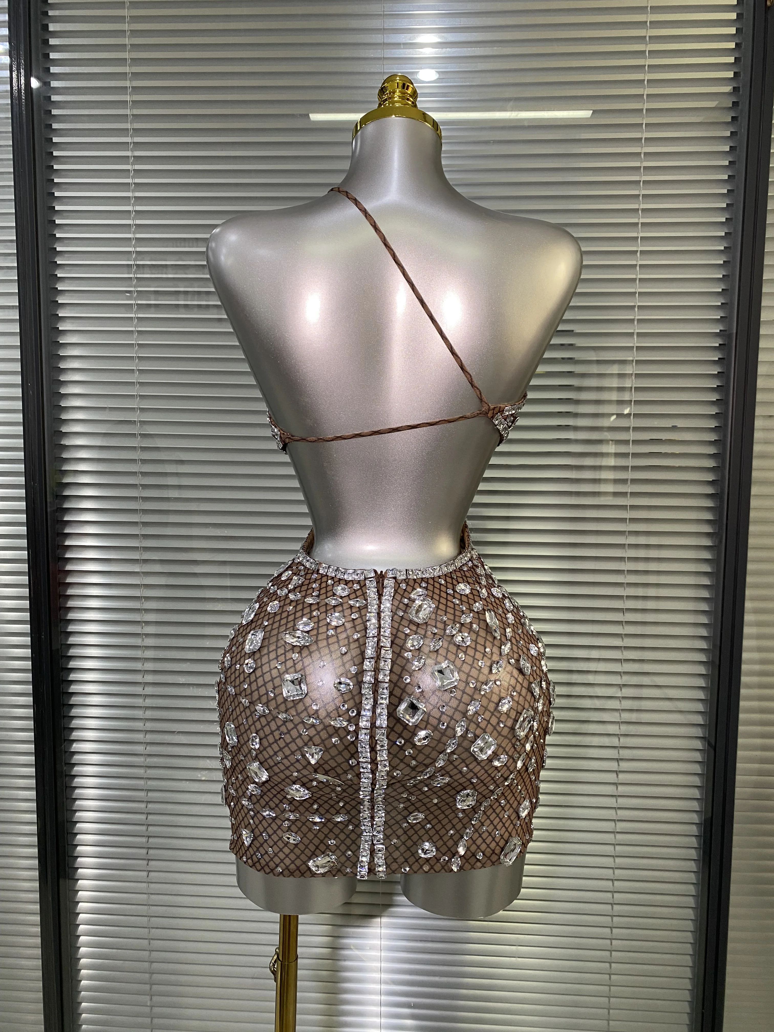 Women Sexy See Through Mesh One Shoulder Backless Brown Costume Stage Dancer Singer Fancy Night Club Mini Party Dress