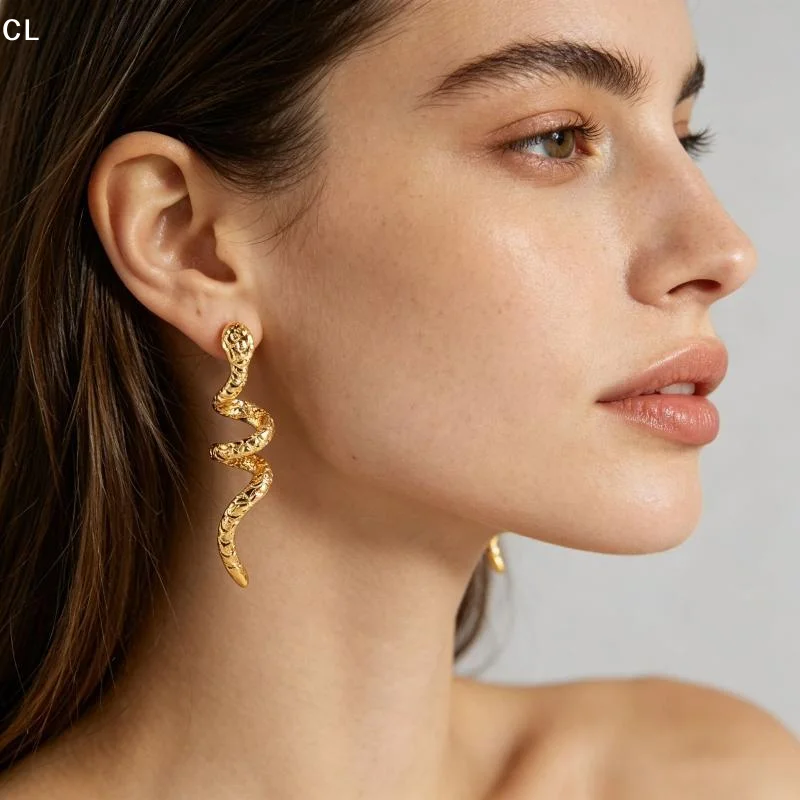 AttireTroveGold Plated Snake Dangle Earrings Unique Textured Surface Hypoallergenic Posts For Party Date Daily Wear