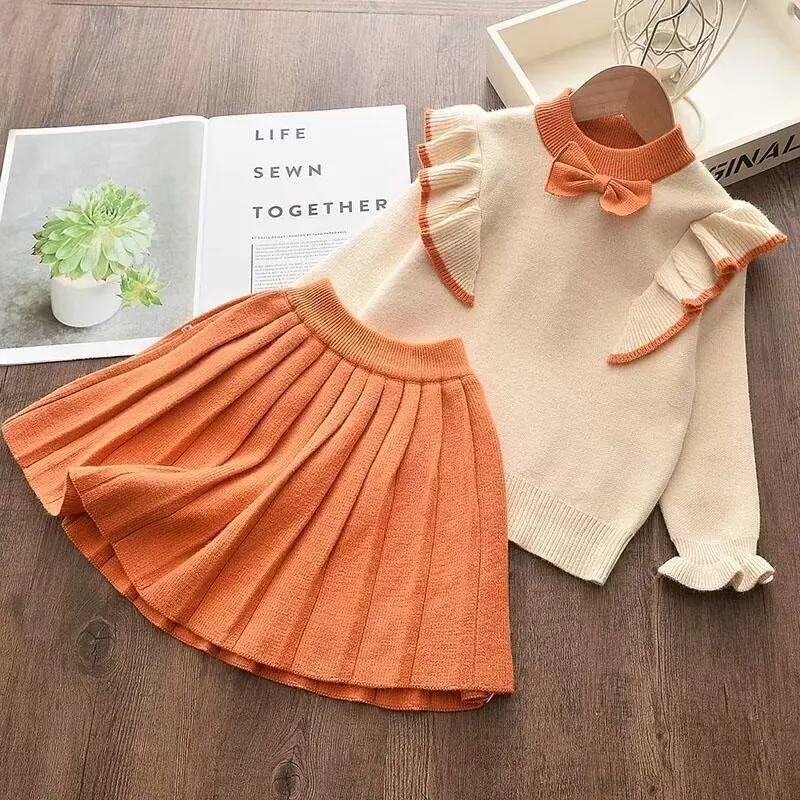 Autumn Girls Knitted Sweaters Sets Winter Bow Sweater Cardigan+Skirt Fashion Children Princess Clothes Suits Kids Clothing 2Pcs