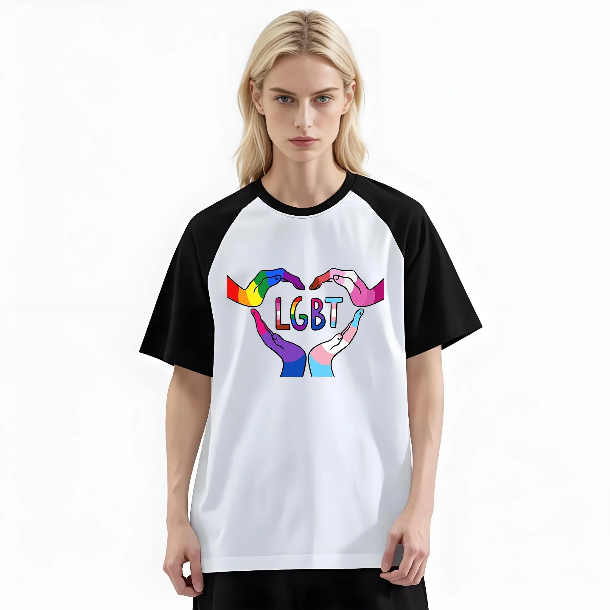 Women'S Fashion Raglan Sleeve T-Shirt, Two Hands Hold LGBT Heart Printed, Summer Casual Comfortable Tee, Women'S Everyday Short-Sleeve Top