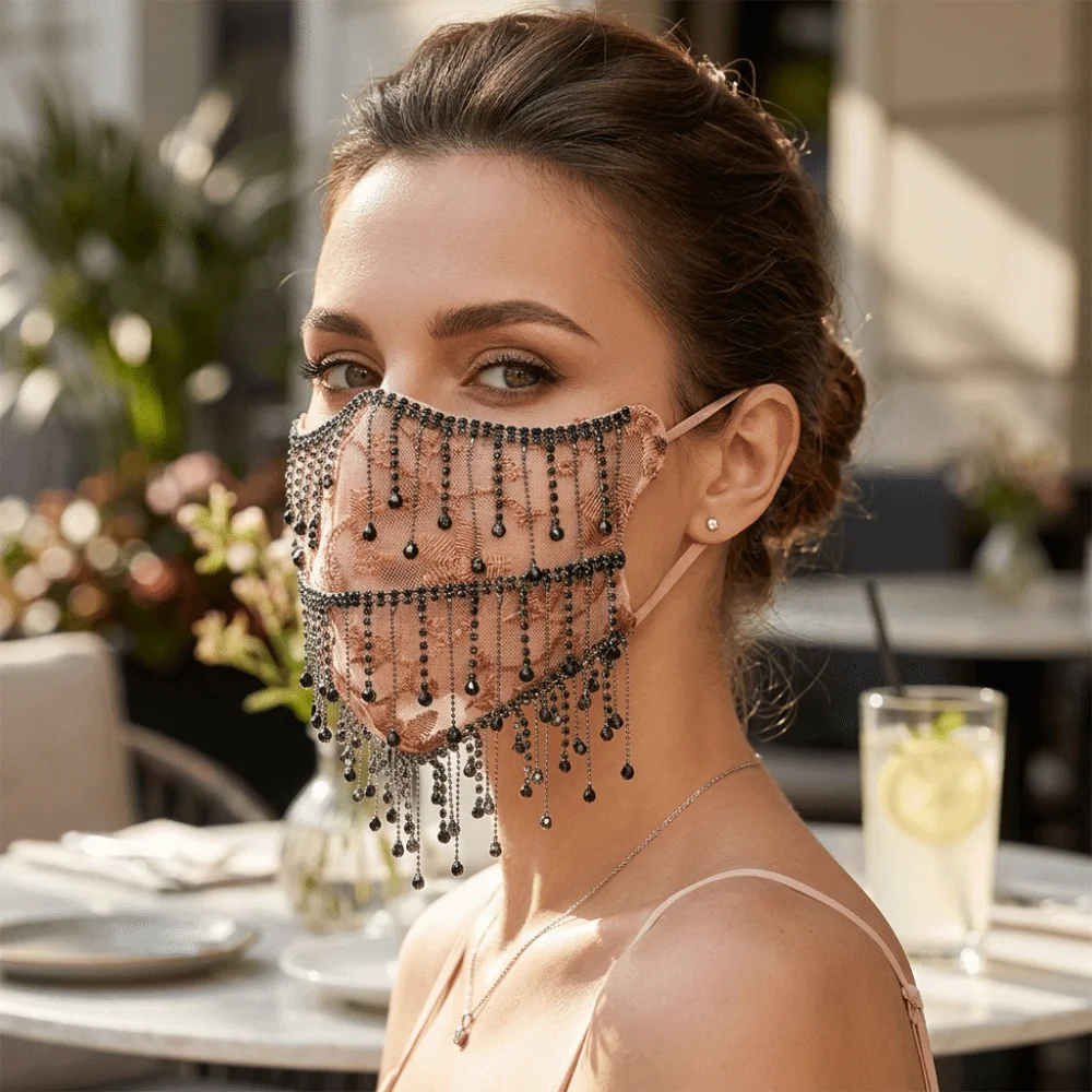 Fashion Breathable Bling Face Mask Tassels Sunscreen Mesh Tassel Mask Soft Dust-proof Cosplay Mask Masquerade