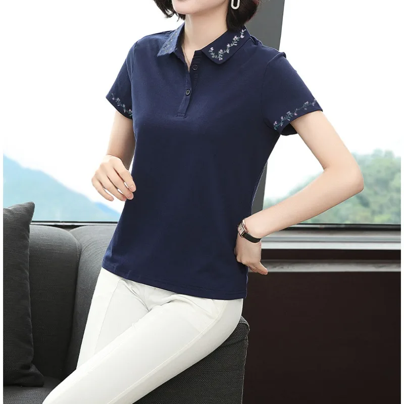 

Pullover POLO Collar Women's 2024 Summer Patchwork New Button Embroidery Fashion Solid Color Slim Fit Short Sleeved T-shirt Tops