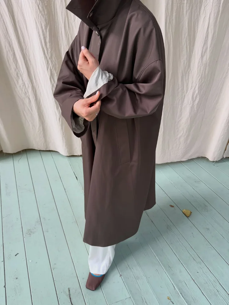 Womens Chocolate Pocket Raincoat High Neck Concealed Button Drop Shoulder Jacket Autumn Winter Rainy Daily Streetwear Outerwear