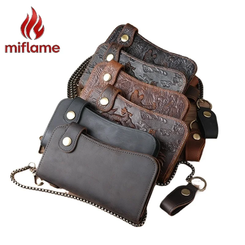 

Men's Crazy Horse Leather Coin Wallet with Dragon and Tiger Pattern Multiple Card Slots Key Holder Chain Vintage EDC