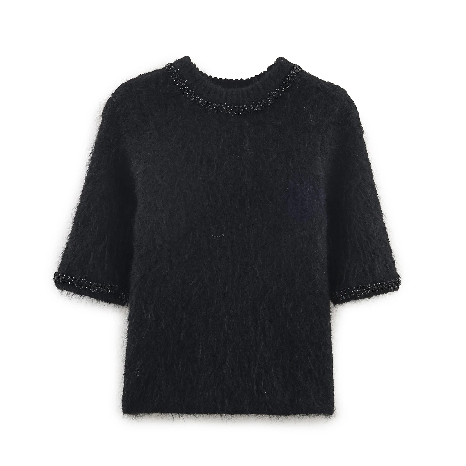 2025, Winter, neues Produkt für Damen, süßer und würziger Stil, lockerer Rundhalsausschnitt, kurze Ärmel, Schmuck, Perlen-Strickoberteil