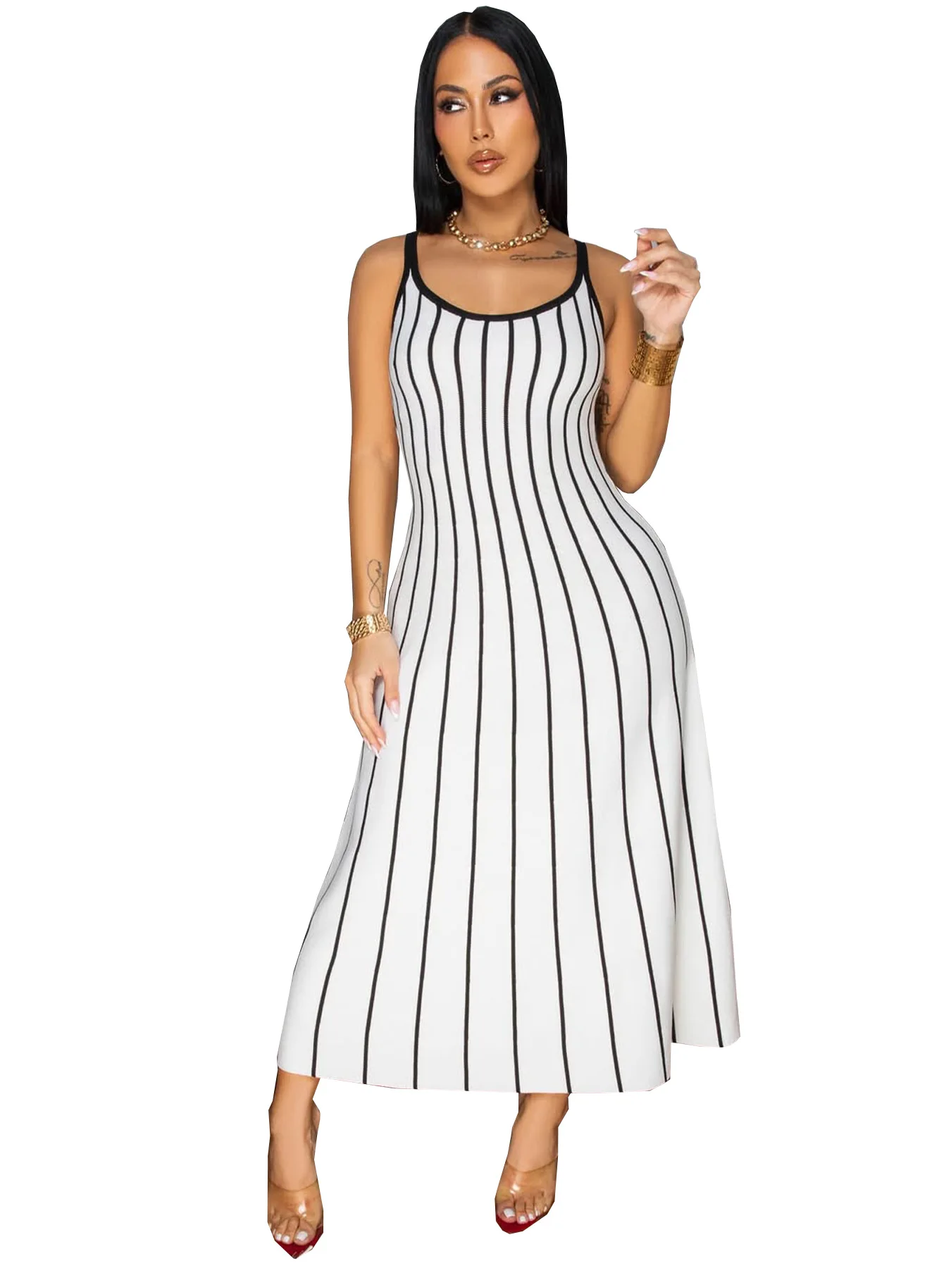 Sukienka damska z kamizelką, patchwork w paski modny kontrastowy kolor bez pleców bez rękawów długa spódnica slim fit 2025 lato