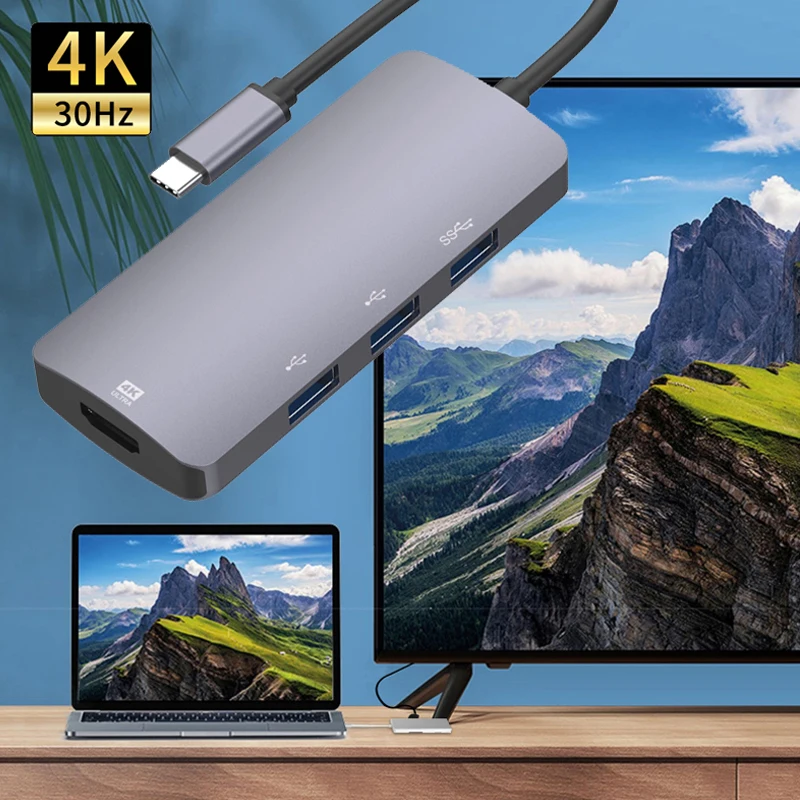 4K @ 30Hz 4 In 1 Tipe-c Ke HDMI Kompatibel dengan Kabel Ekstensi Adaptor Game USB-C Hub Dock Station Splitter Converter Berbagi Layar