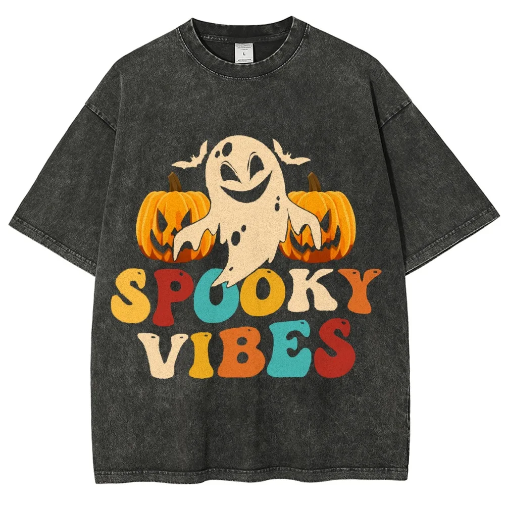 

Men's Halloween Washed Vintage T-Shirt Ghost Pumpkin Print Spooky Vibes INS Hot Short Sleeve Top for Halloween Party