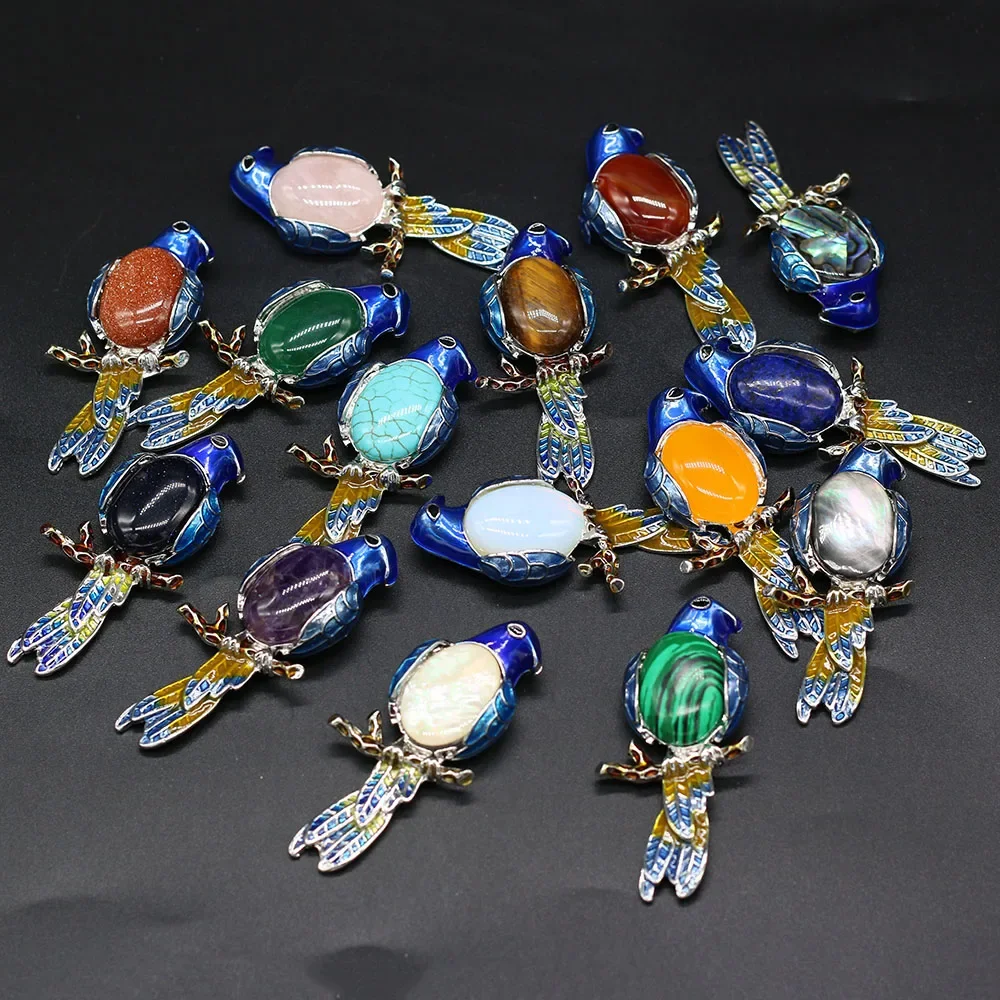 

5PCS Wholesale Price Natural Semi precious Stone Cloisonne Parrot Brooch Pendant For Jewelry Making DIY Necklace Earring Accesso