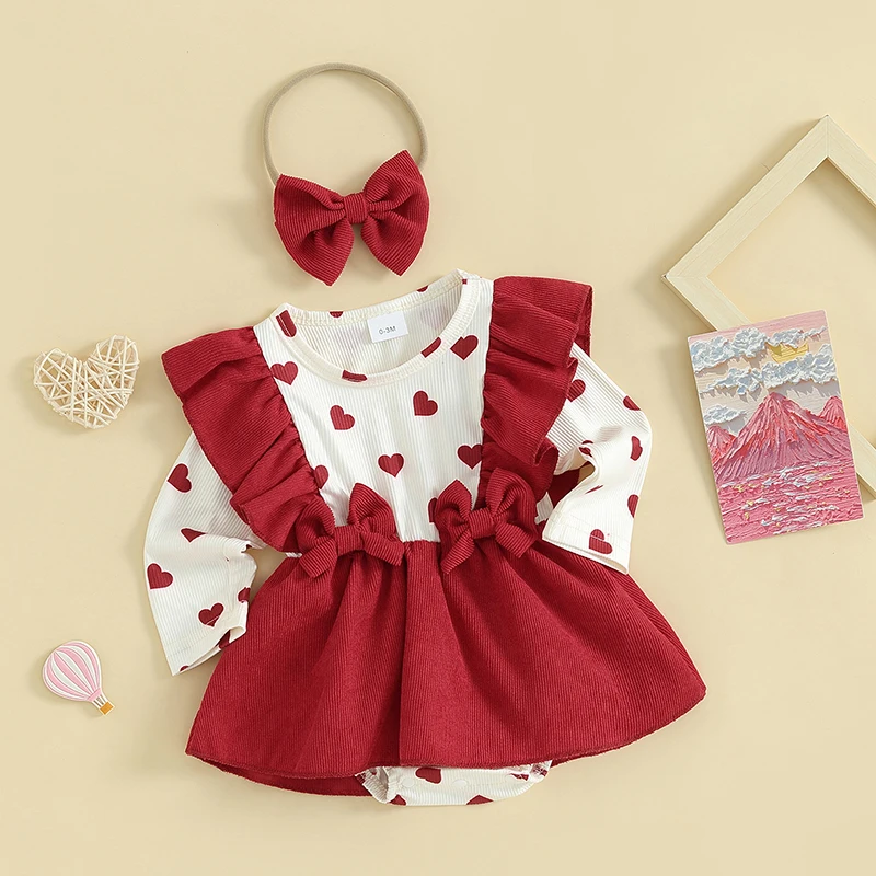 

Toddler Baby Girl Valentines Day Romper Dress Ruffles Long Sleeve Heart Print Clothes Jumpsuit with Headband Infant Clothes