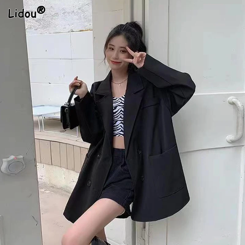 2022 Solid Color Korean Casual Blazers Fashion Women\'s Clothing Straight Pockets Button Notched Spring Autumn Coat Young Style