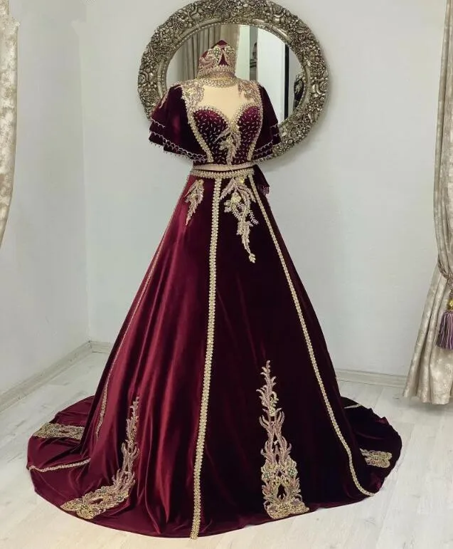 Customized  Burgundy Belvet Bespoke Evening Wear Beading Velvet Arabic Two Pieces Prom Gowns Women Caftan Wedding Party Dress