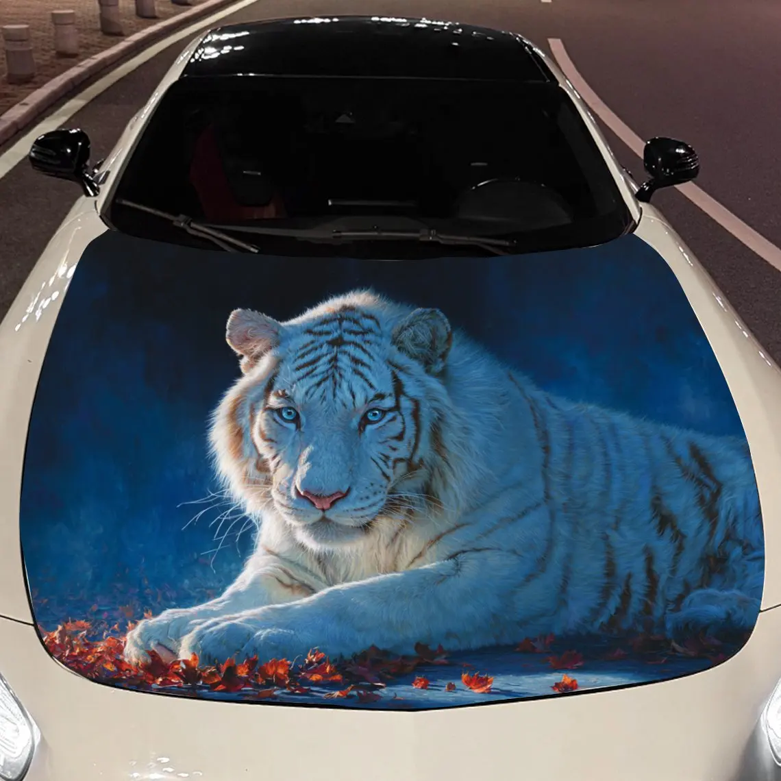 

Car Decals A White Tiger With A Gentle And Noble Aura In A Blue - Themed Backdrop Car Hood Sticker, Waterproof Self - Adhesive V