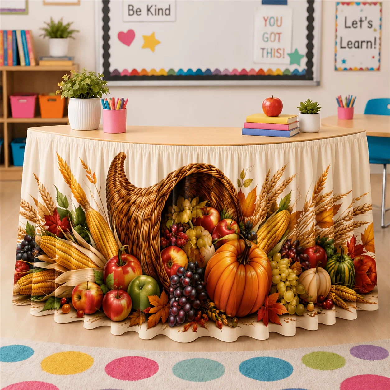 One harvest-themed tablecloth, featuring patterns of angelica vases, pumpkins, wheat and maple leaves