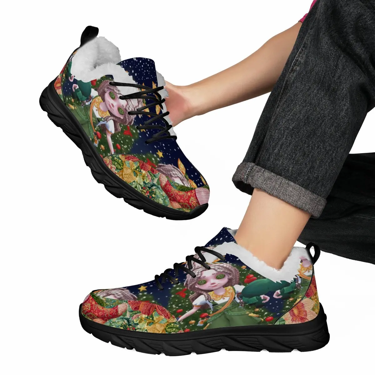 

New High-quality Round-toed Christmas Identity Casual Sports Shoes with Fleece Warmth Flat Cutout Soft Soles and Lace-up