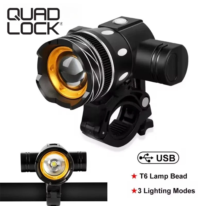 

QUAD LOCK Bicycle Front Light Bike Headlight Adjustable Zoom USB Rechargeable Waterproof Cycling Flashlight