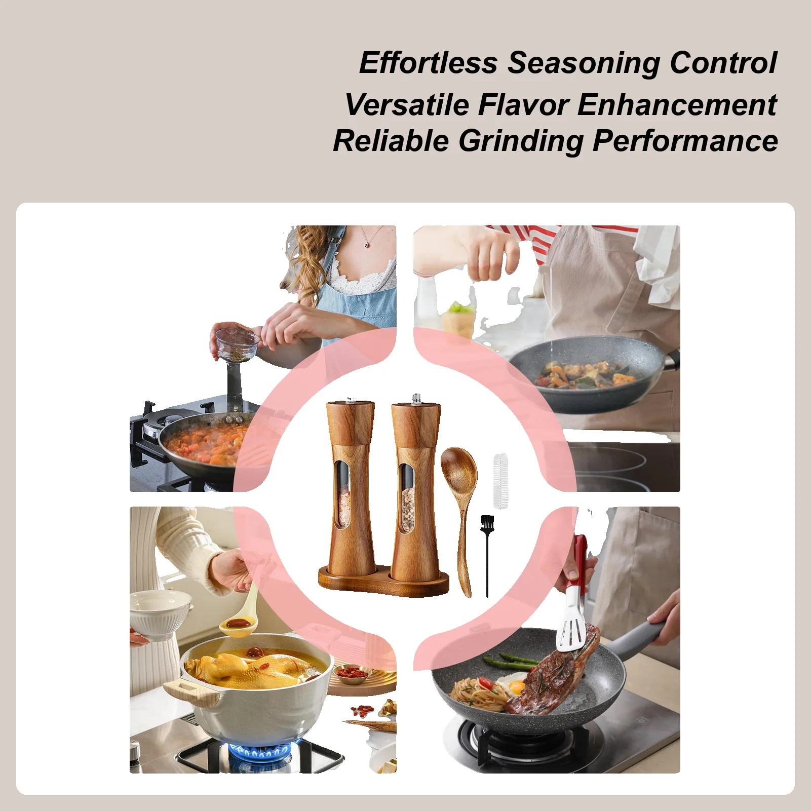 ペッパーグラインダー手動木製調整可能な粗さスプーン付き塩とコショウミル手動ツールセット調味料家庭用キッチン用
