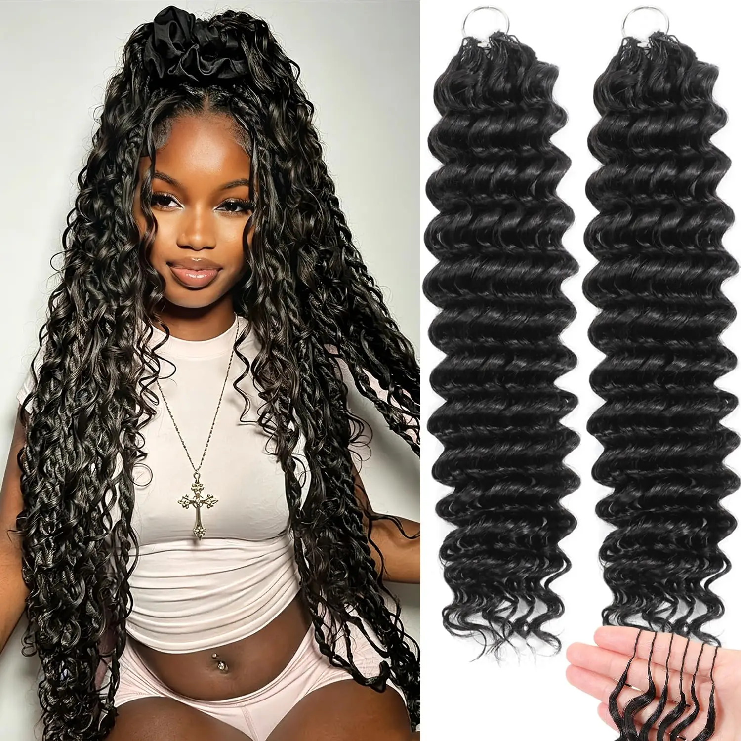 12A Deep Wave Feather Crochet Hair Extensions 100% Double Drawn Human Hair Feather Crochet Pre-Separated for Braiding