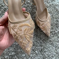 Mesh Embroidered Fashion Sandals Women String Bead High Heels Mules Shoes Pointed Toe Slingback Slippers Women Zapatos De Mujer - Image 5