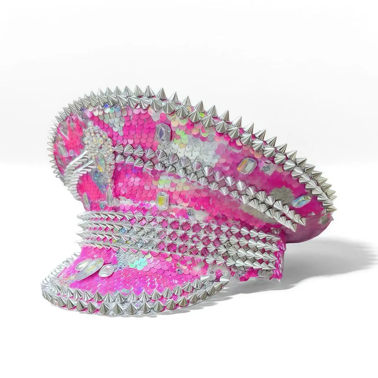 HongLuan Yellow Laser Leather Loop Captain Hat Rhinestone & Military Caps for Woman, Rave Festivals Accessories ＆ Party Cap Man