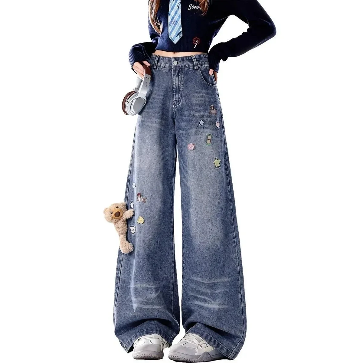 

Women's American Vintage Bear Wide Leg Denim Pants Lady Fashion Cute Embroidery Stat Dog Jeans High Waist Trousers Female