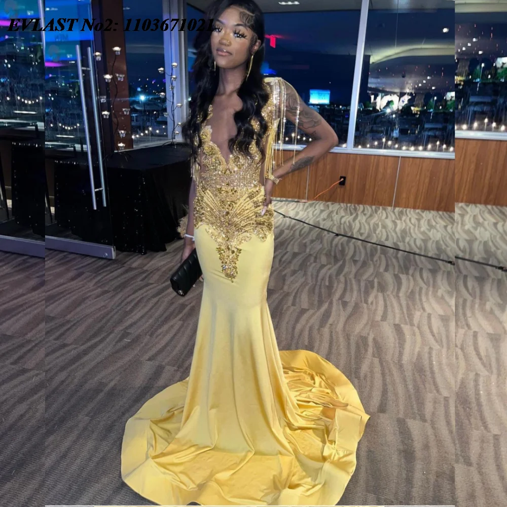 

EVLAST индивидуальное сексуальное платье для выпускного вечера с золотыми стразами и кристаллами и бисером, платье русалки для девочек, вечернее свадебное праздничное платье E2P396