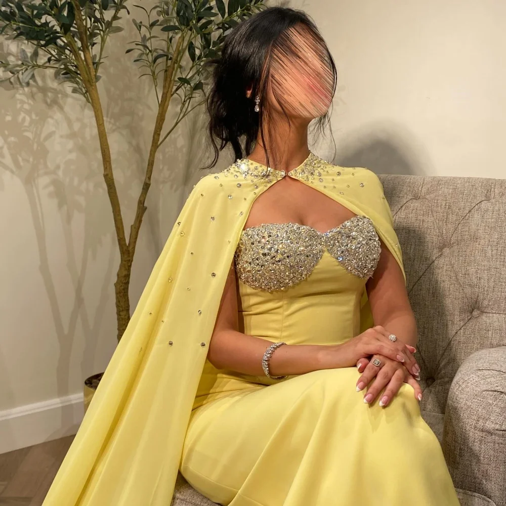 Contessa Dubai Yellow Glitter Strapless Wedding Dress With a Shawl vestidos de noche Satin Side Slit فساتين سهرة Customized 2025