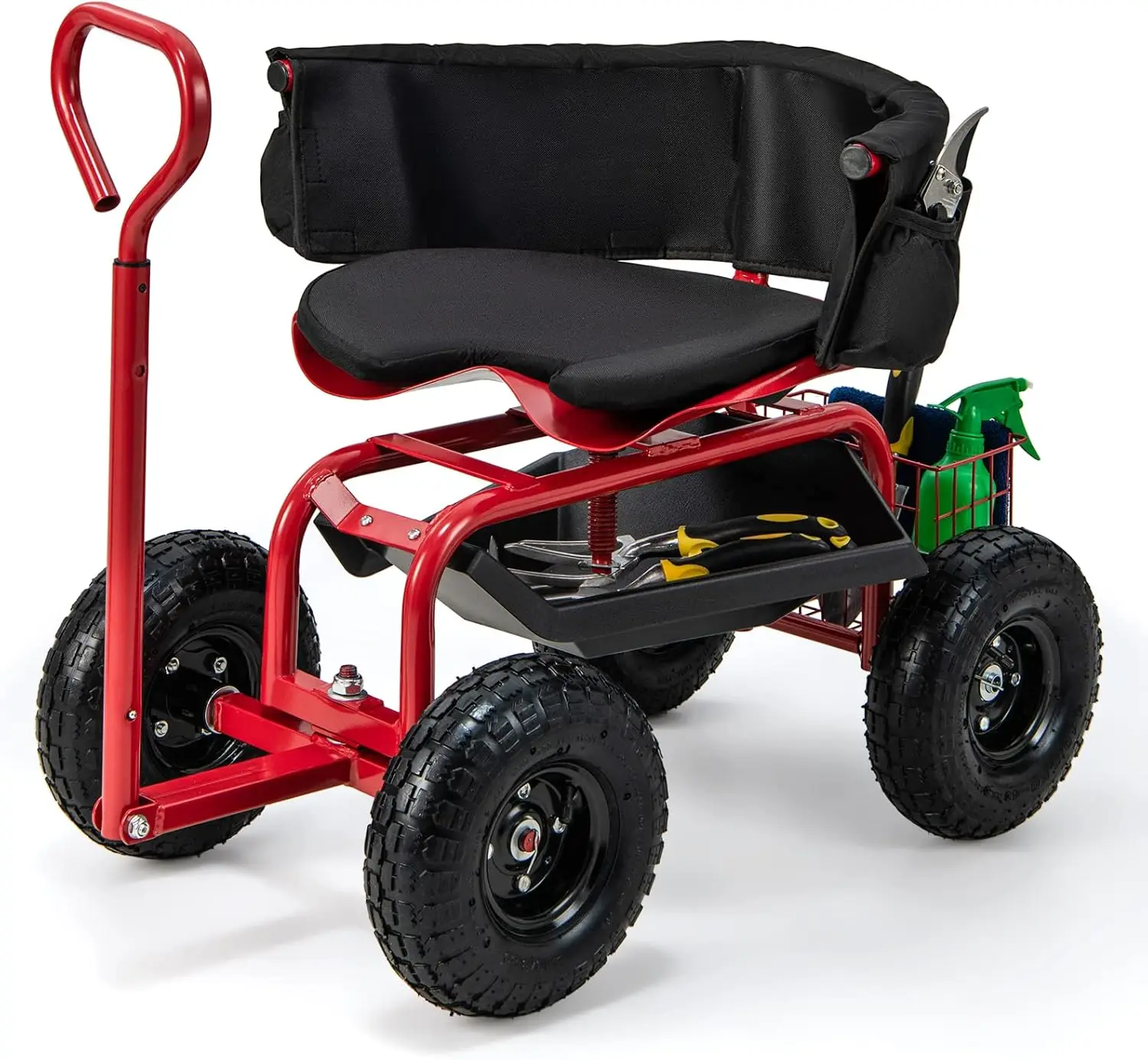 Rolling Garden Cart, 360 Swivel Workseat with 4 Wheels, Removal Cushion & Tool Tray, Storage Basket, Gardening Wagon Scooter