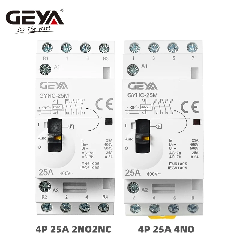 GEYA التحكم اليدوي قواطع التيار المتردد 2P 4P 25A 63A 220 فولت/230 فولت 50/60 هرتز Din السكك الحديدية المنزلية التيار المتناوب وحدات المقاولين 2NO 2NC 4NO