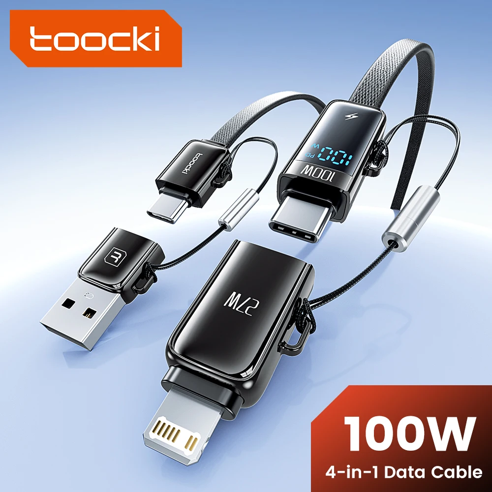 

Toocki 4-в-1 кабель для быстрой зарядки USB C/Type C/осветительного кабеля со съемным разъемом PD100W со светодиодным дисплеем для iPhone 15 14 Samsung
