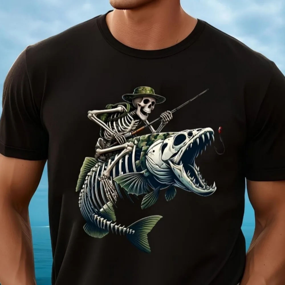 Skeleton Fisherman on Bone Fish Print T-shirt Unisex Vintage Fishing Outdoor Oversized Cotton Casual Short Sleeve Tops
