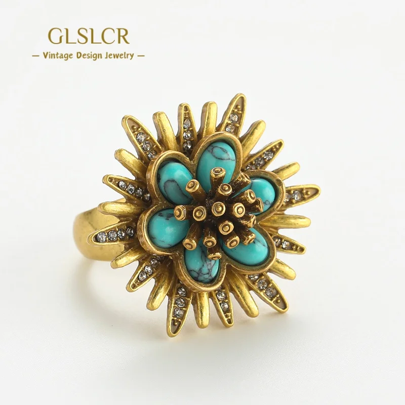 

Vintage Turquoise Stone Flower Ring For Women Antique Gold Color Rhinestone Jewelry 2025 Luxury Designer Thanksgiving Prom New