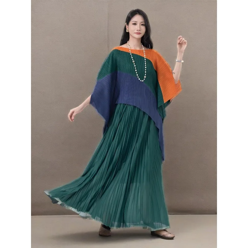 

Miyake Pleated Skirts Set Plus Size Women's 2025 Fall New Premium Sense Miyake Pleated Color Collision Pleated Skirts Set