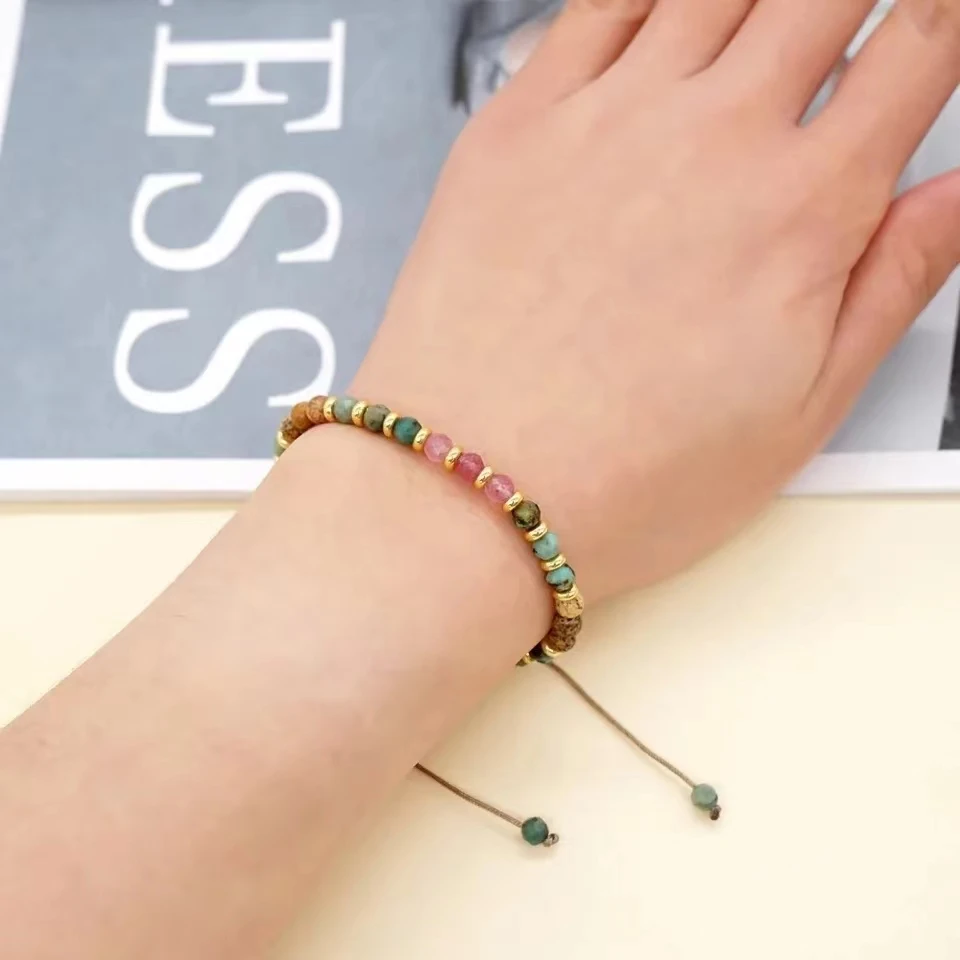 Multi-Colored Semi-Precious Stone Adjustable Rope Bracelet