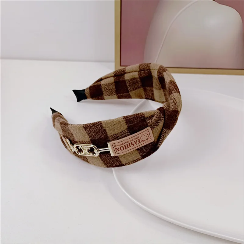 British Bear Plaid Crossed Hair Accessories Headbands For Women High Quality Retro Coffee Brown English Plaid Hair Band Scrunchy