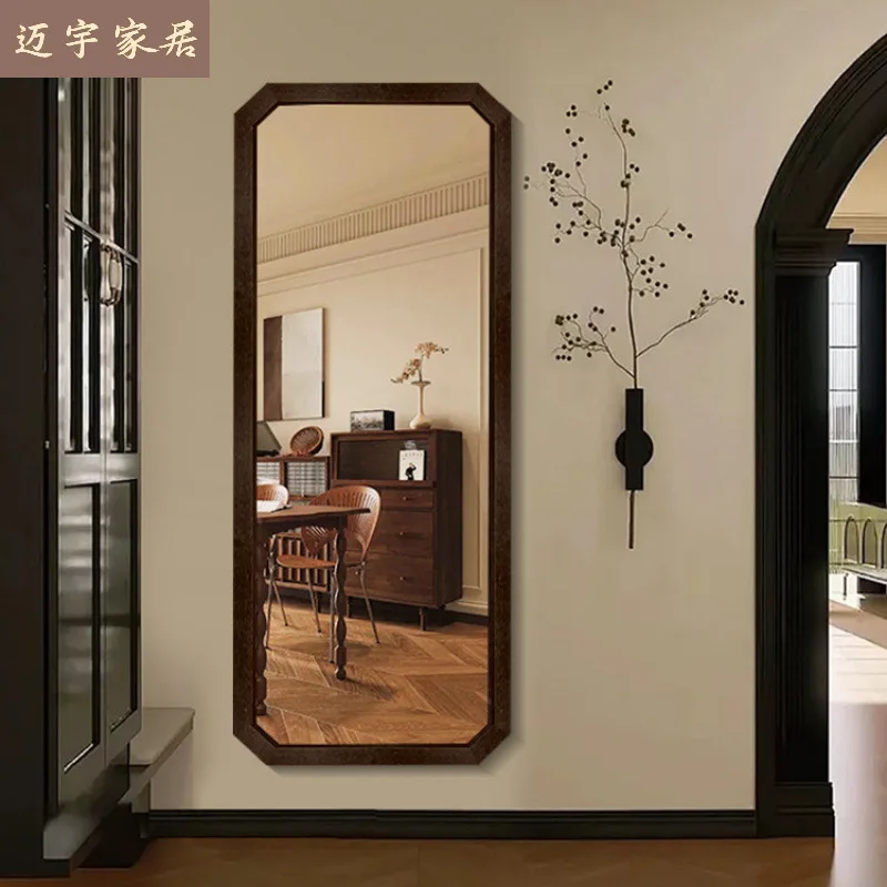Medieval full-length mirror household wall-mounted solid wood full-length mirror clothing store large mirror octagonal retro flo