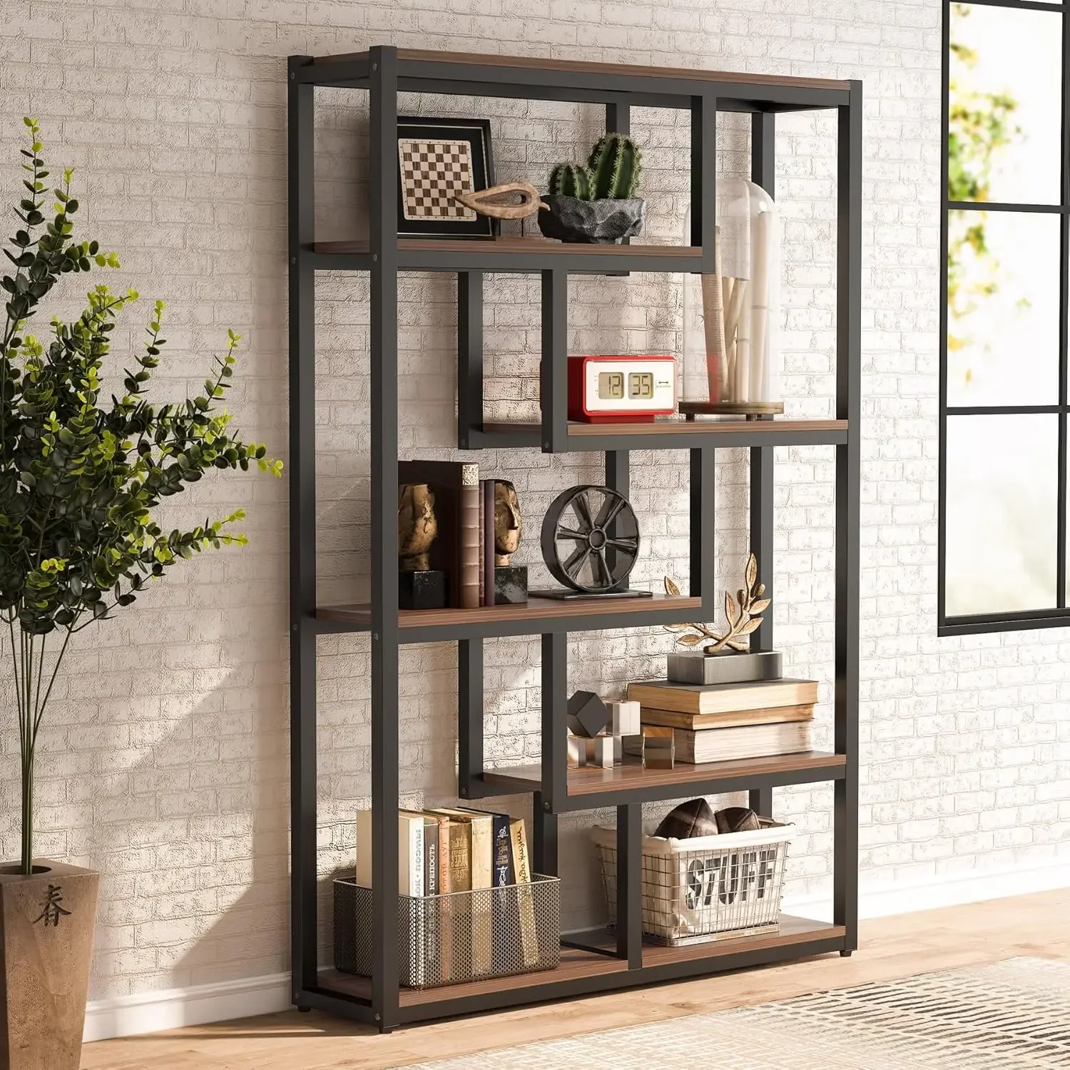 6-Shelf Industrial Bookshelf Set of 2, Vintage Etagere Bookcase, 69 Inch Tall Storage Display Staggered Shelves