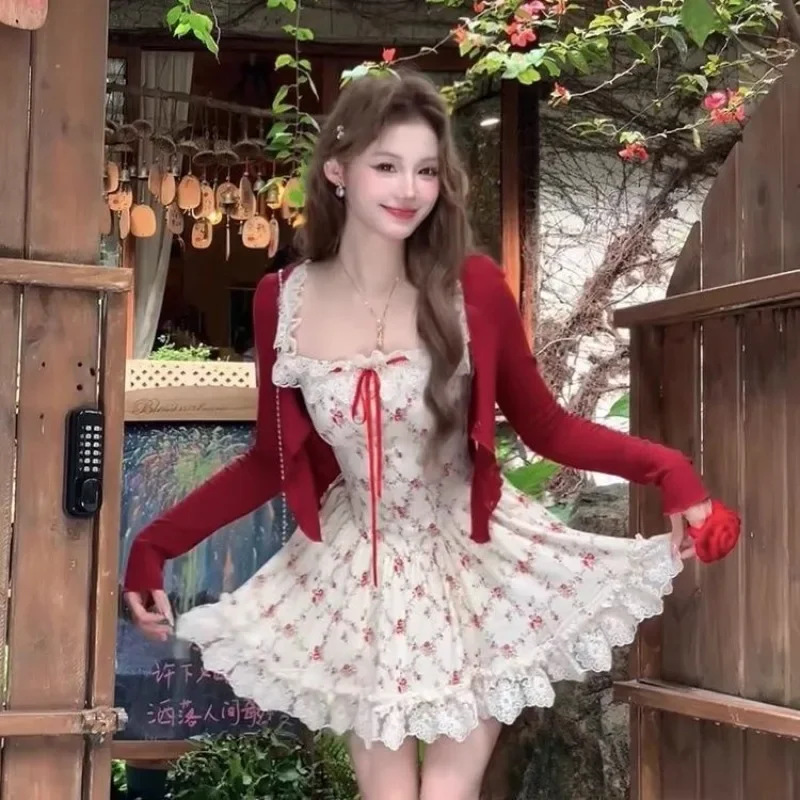 Elegant Sweet Lace Floral A-line Dresses Women Spring New Slim Waist Sleeveless Vest Y2k Dress Vestidos Womens Clothing