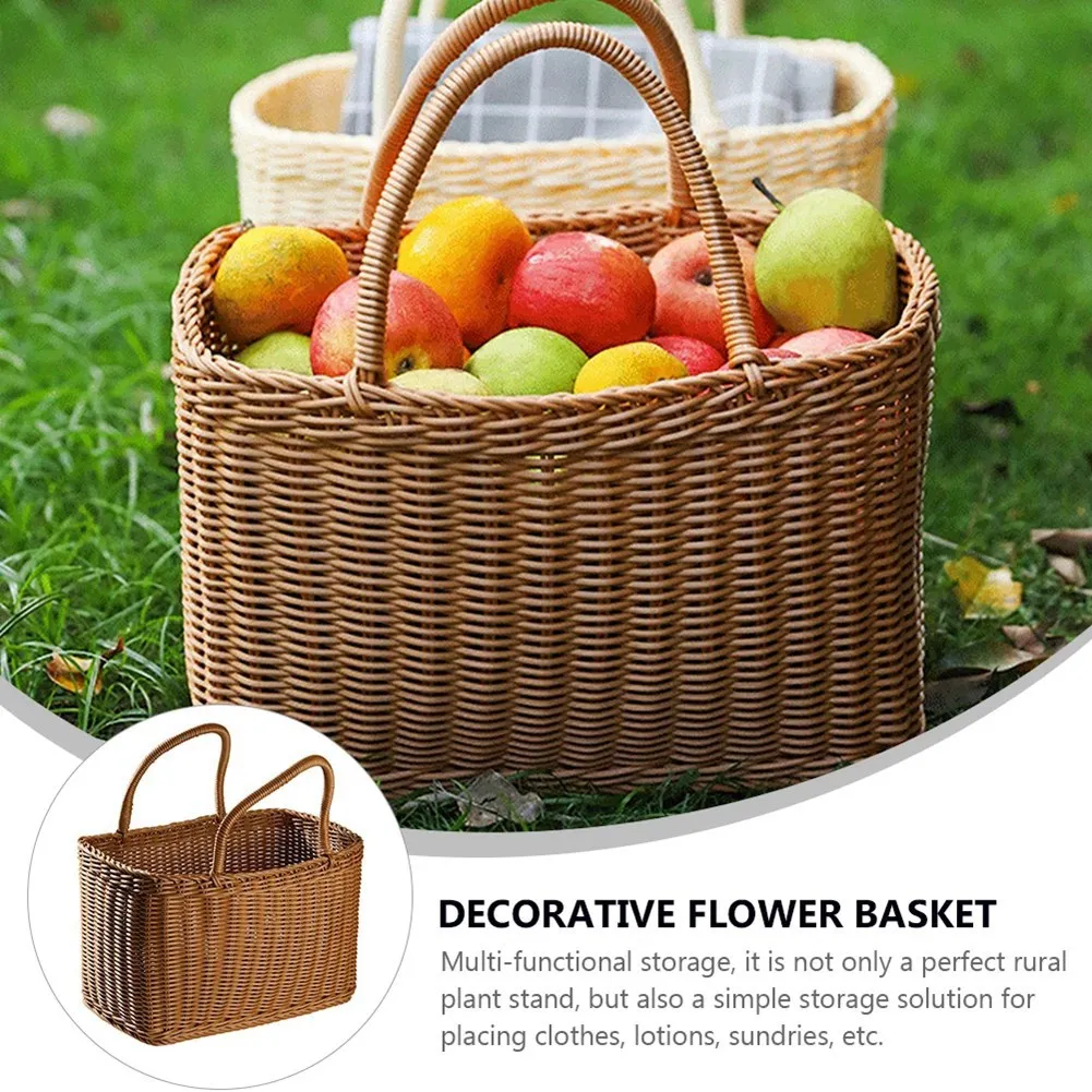 Cesta de compras para el hogar, cesta de verduras de mano, cesta tejida decorativa, cesta de arreglo de flores, bolsa de Picnic de ratán de imitación