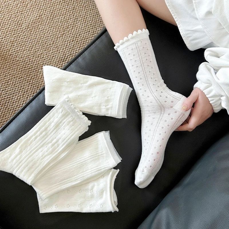 

2 Pairs of Women's Calf Socks Summer Hollow Mesh Breathable Ballet Style White Thin Soft Slim Fit Mid Tube Socks