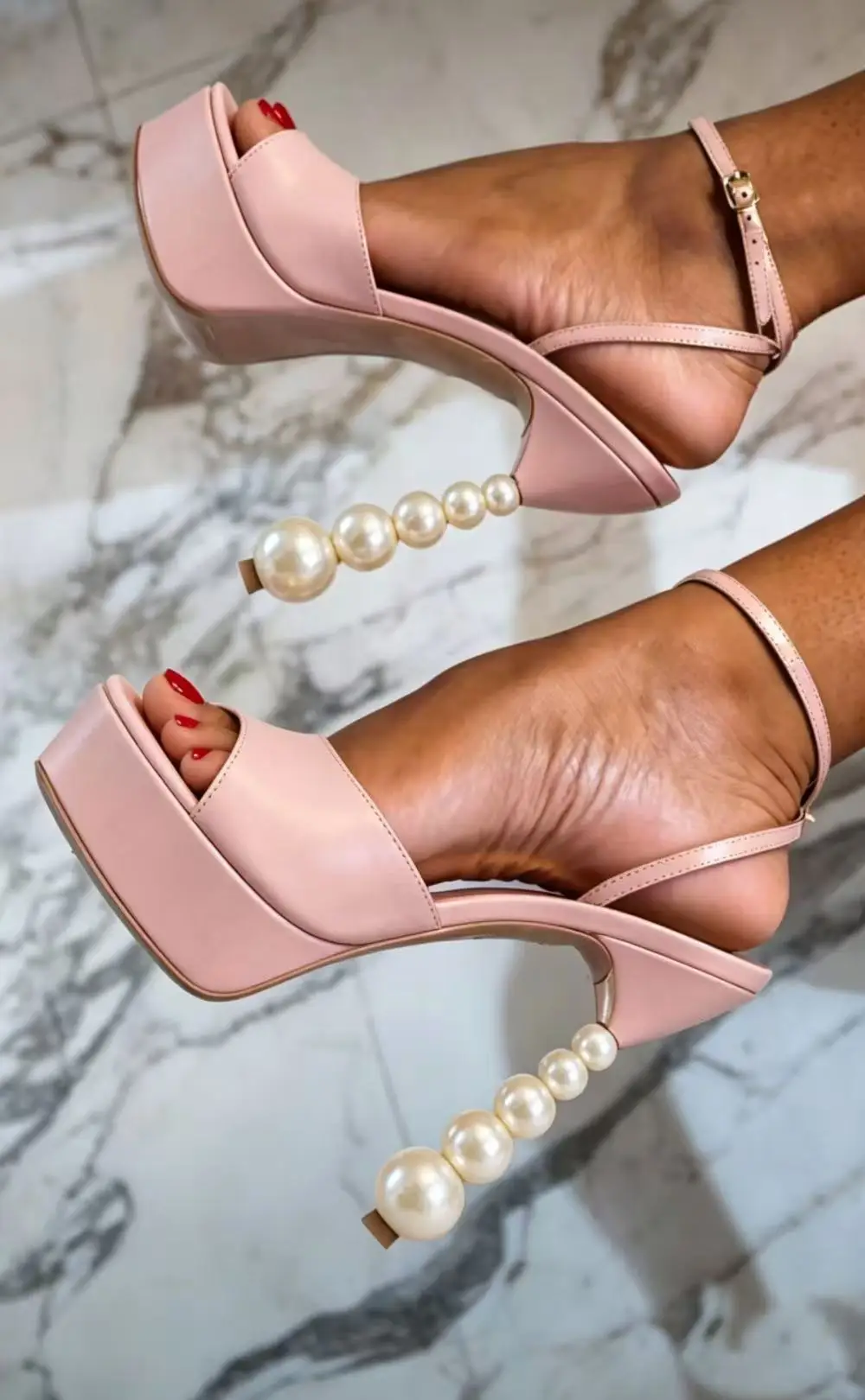 

Elegant Leather Platform Heeled Sandals Pearl Heel Accents Open Toe Ankle Strap Buckle Chunky Heel Sweet Style for Lady Looks