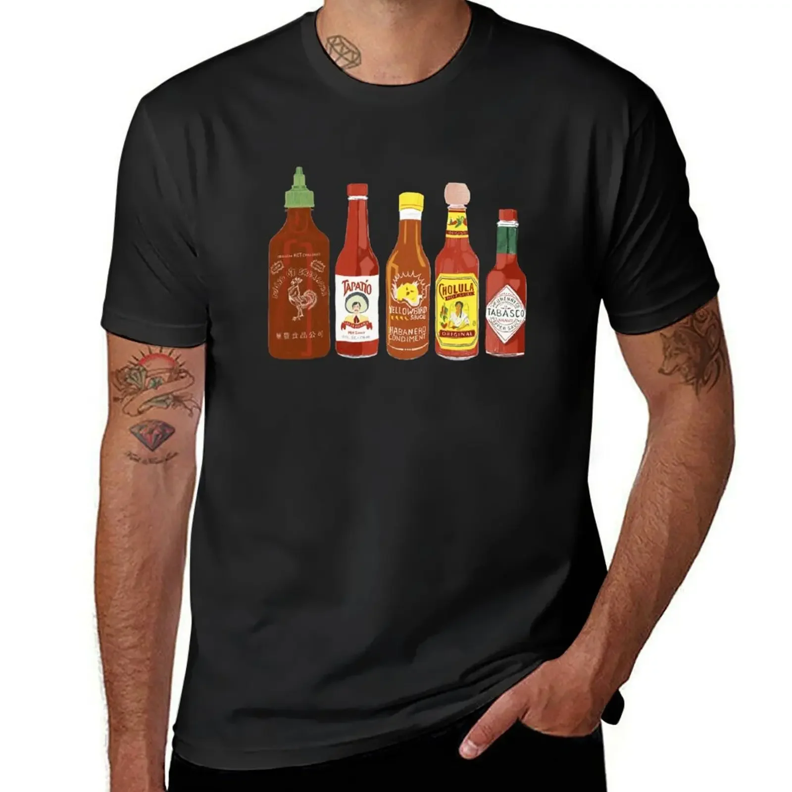 Spicy! Check out these hot sauces on white background T-Shirt hippie clothes anime t shirts mens white t shirts